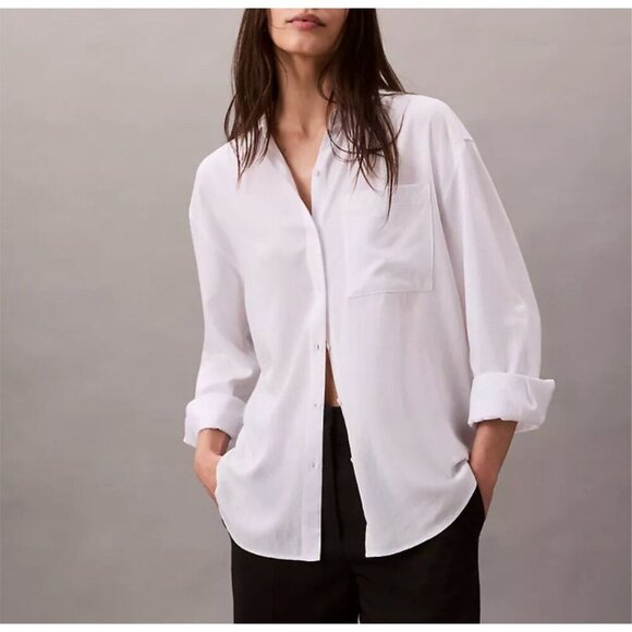 Calvin Klein Jeans Size Small Womens Oversized Baggy Loose White Logo Tag Shirt - Picture 3 of 15